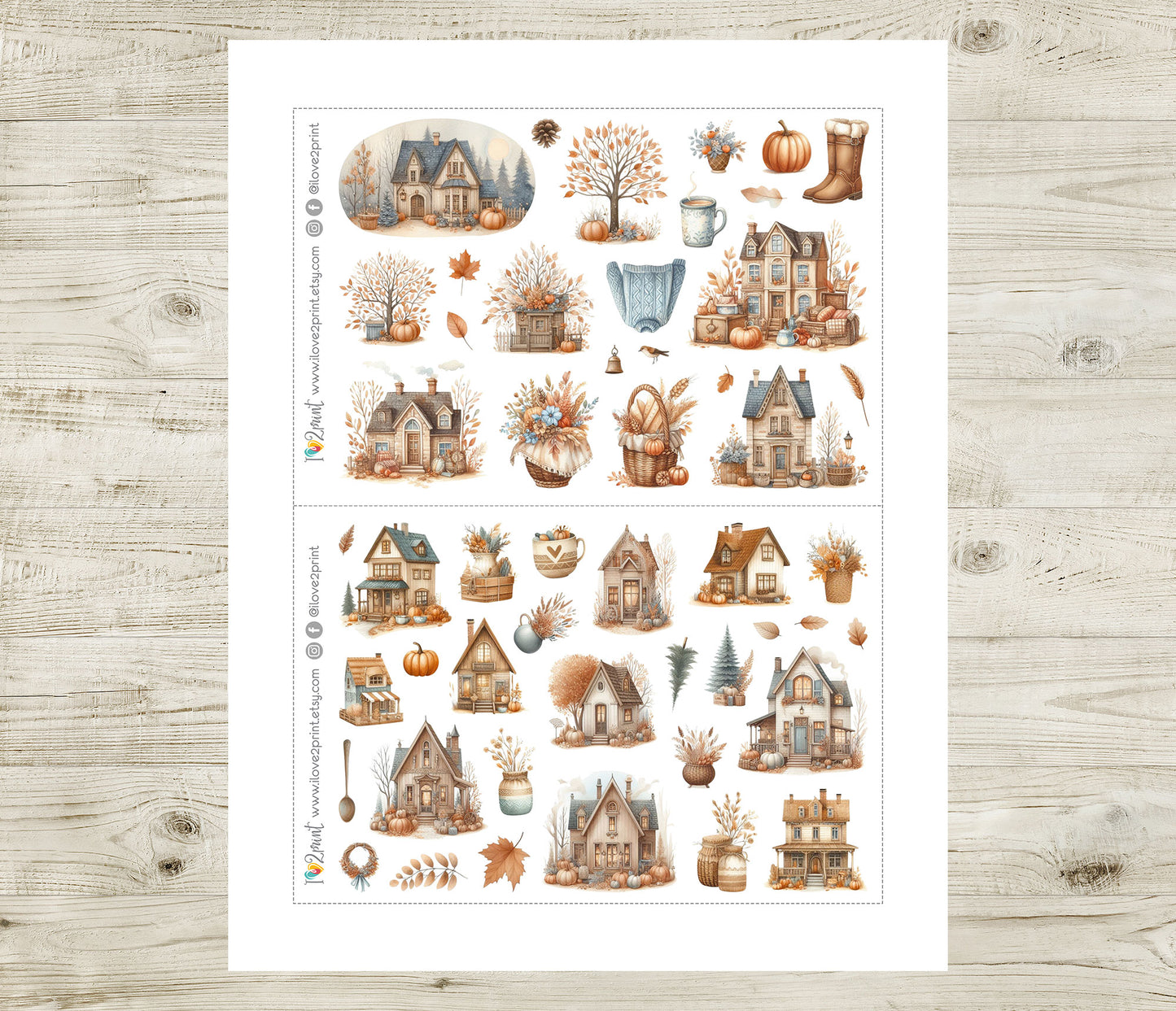 Autumn Houses – Cozy Fall Decorative Printable Stickers – PDF & Cut Files