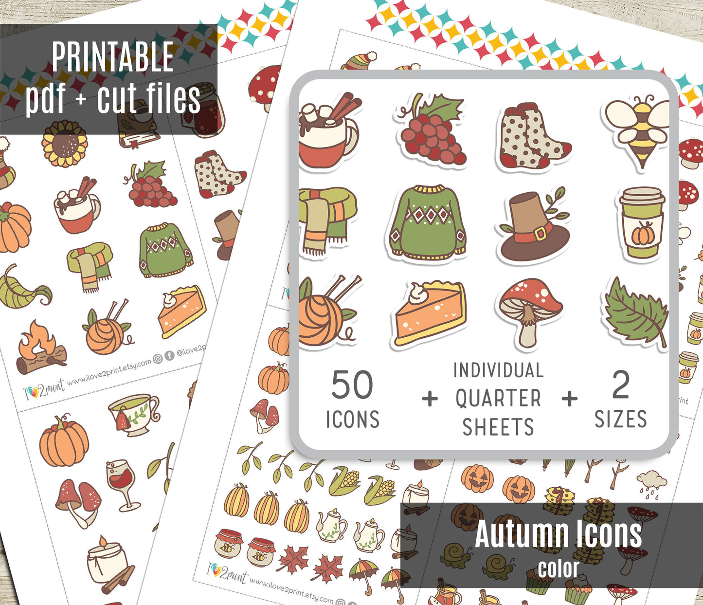 50 Fall Printable Icons Stickers – COLOR Planner Icons - PDF & Cut Files