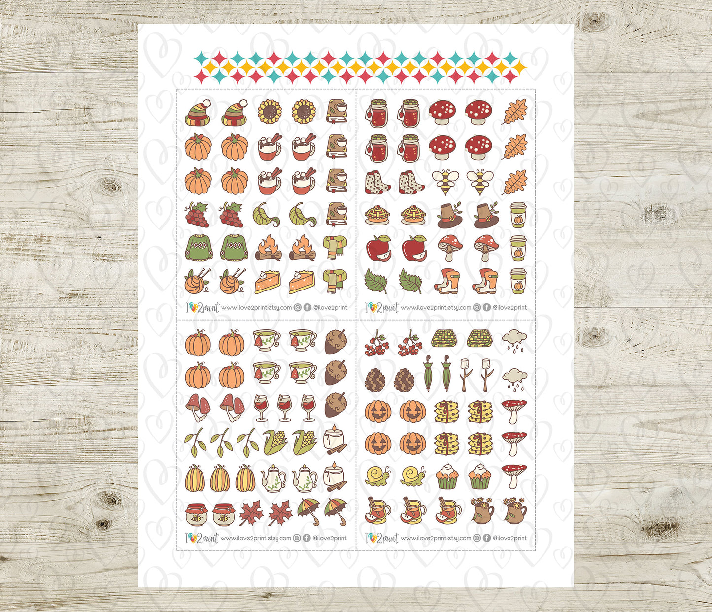 50 Fall Printable Icons Stickers – COLOR Planner Icons - PDF & Cut Files
