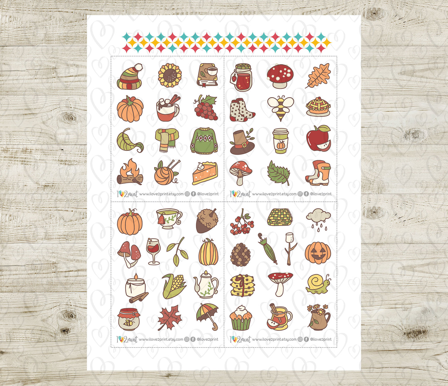 50 Fall Printable Icons Stickers – COLOR Planner Icons - PDF & Cut Files