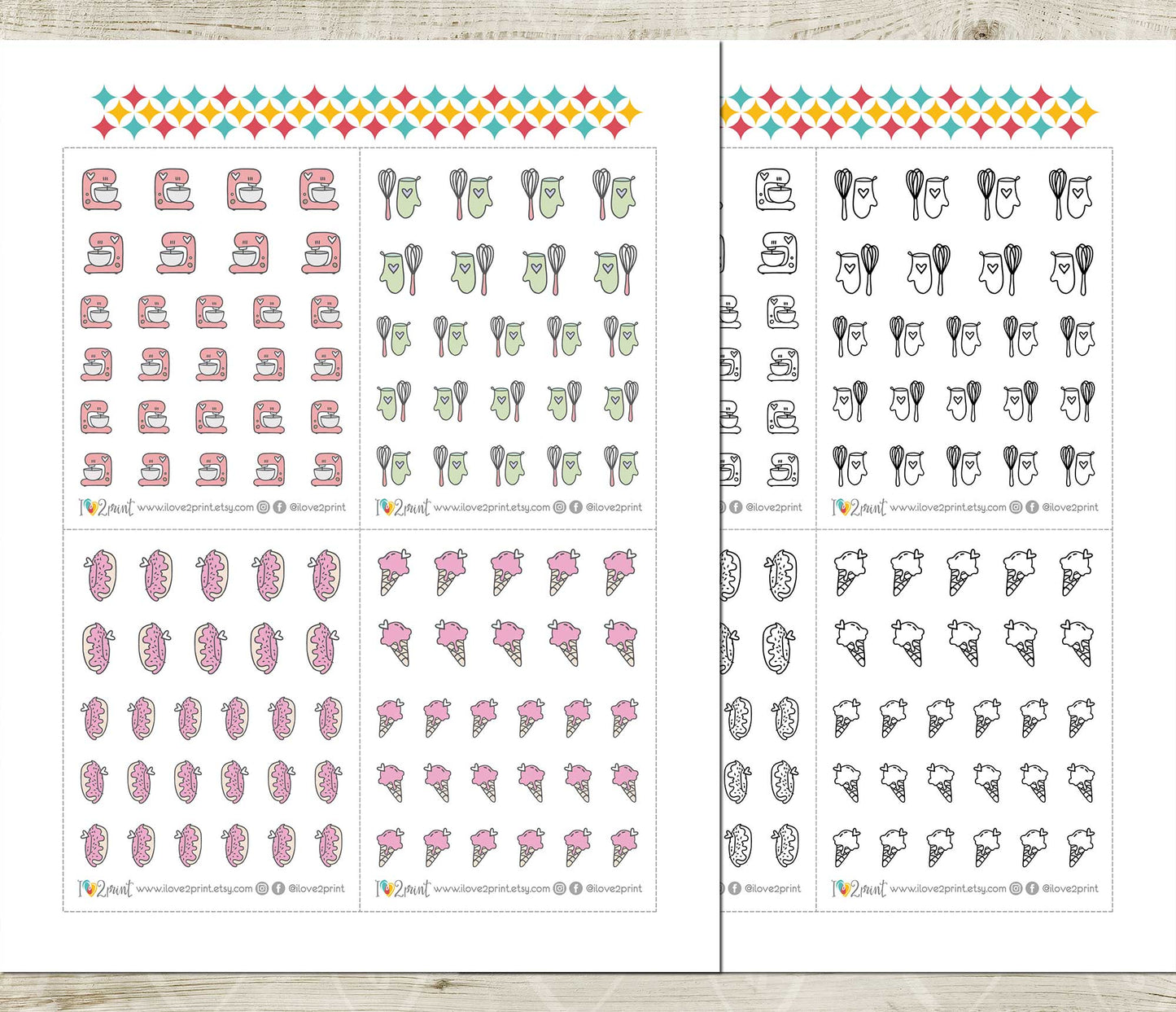 Baking Icons Stickers – Printable (mixer, whisk, donut and ice cream) - PDF & Cut Files