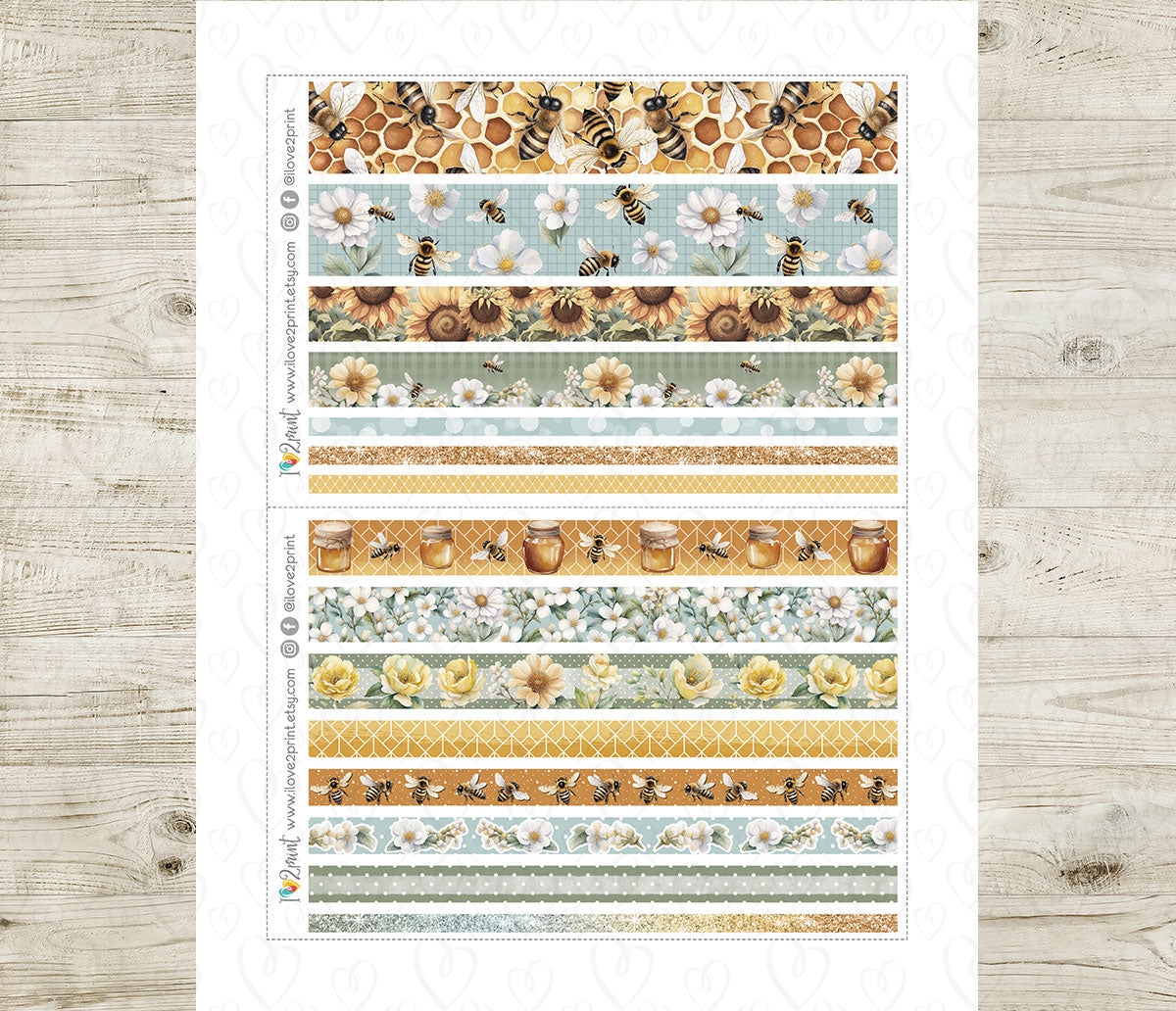 Bees Washi Tape Printable Planner Stickers | Honeycomb Floral Strips | PDF Cut Files | Instant Download