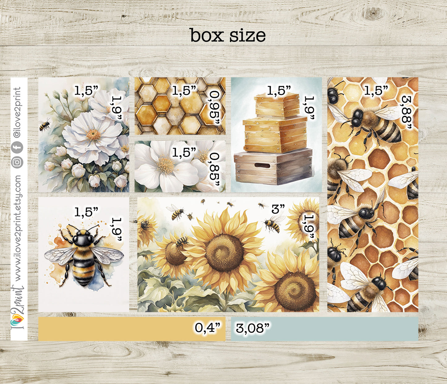 Bees Moodboard Stickers - 1,5"boxes Printable PDF & Cut Files