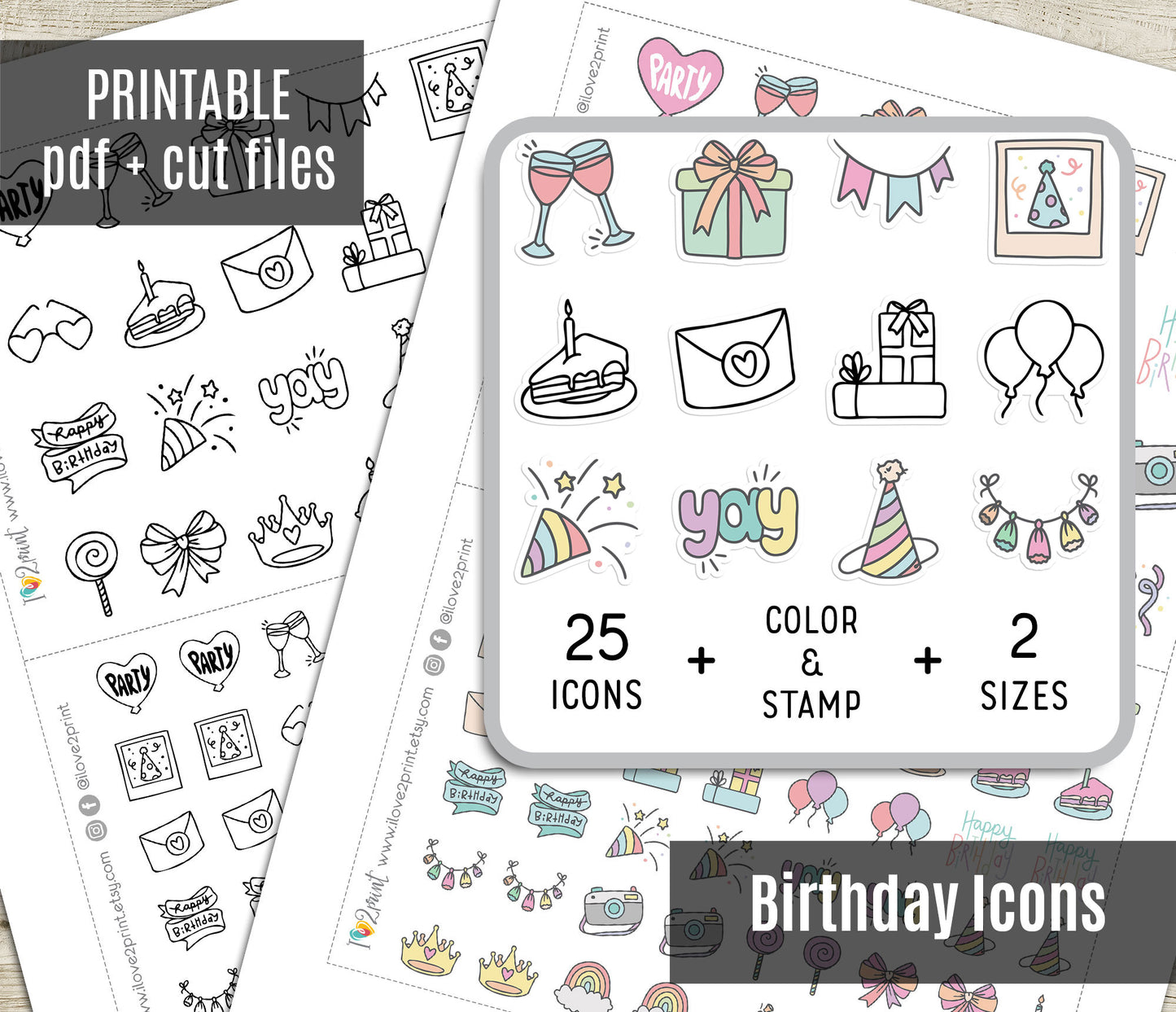Birthday Icons Stickers – Printable Planner Icons - PDF & Cut Files
