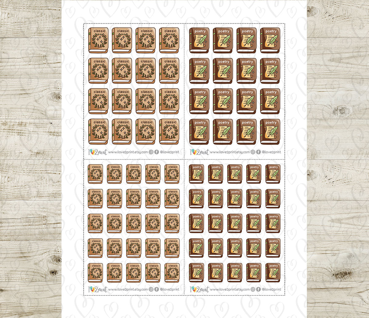 Classic & Poetry Book Genre Icons – Printable Planner Stickers – PDF & Cut Files