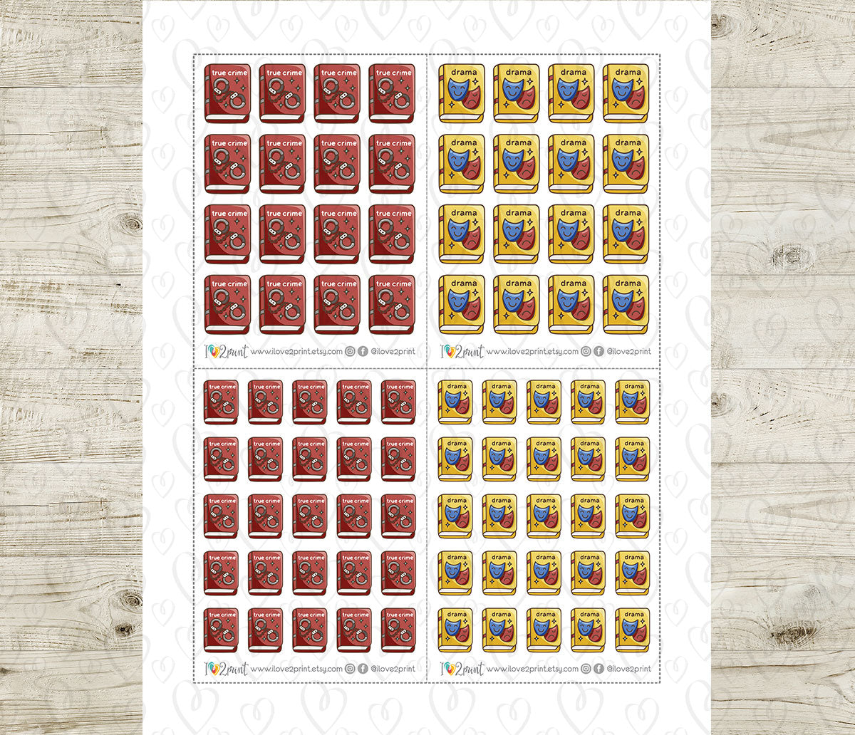 True Crime & Drama Book Genre Icons – Printable Planner Stickers – PDF & Cut Files