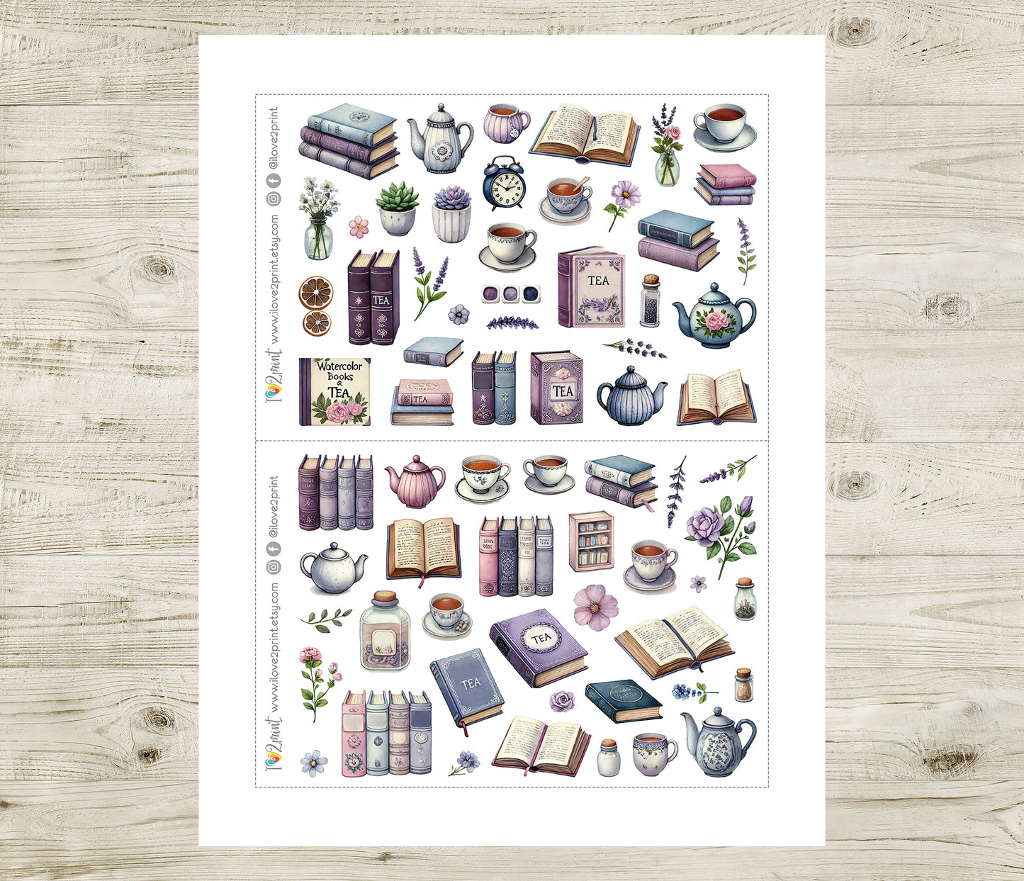 Books and Tea Decorative Printable Stickers | Lavender Library | PDF Cut Files | Instant Download