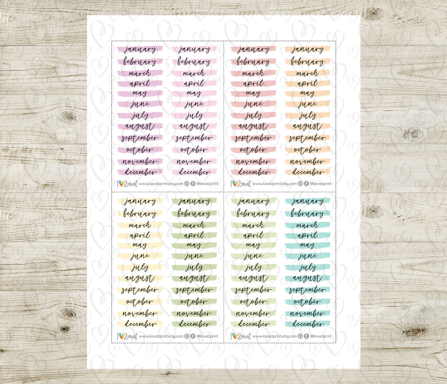 Month Headers Brush Stroke Pastel Color Stickers - Printable Month Banner - PDF & Cut Files