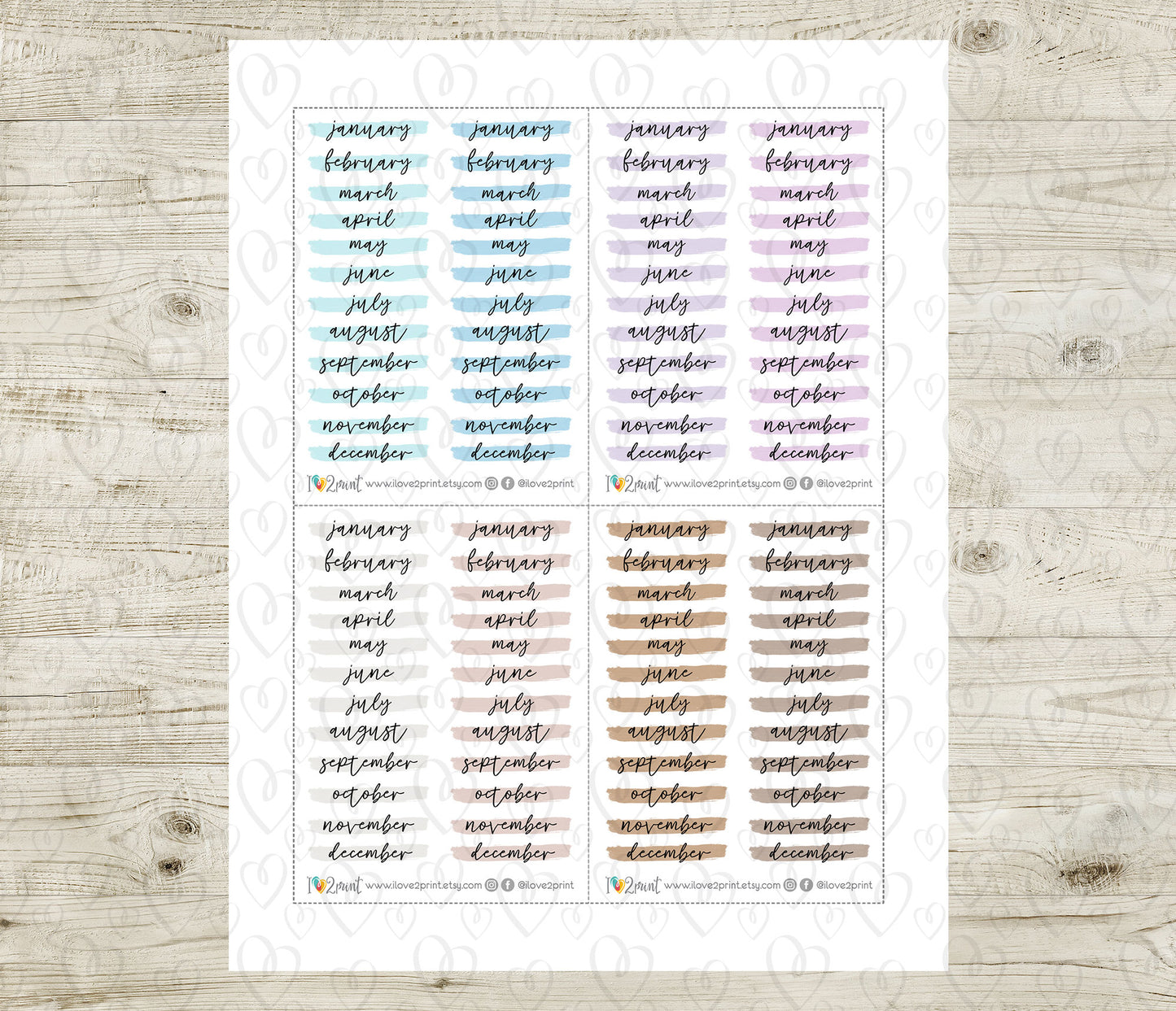 Month Headers Brush Stroke Pastel Color Stickers - Printable Month Banner - PDF & Cut Files