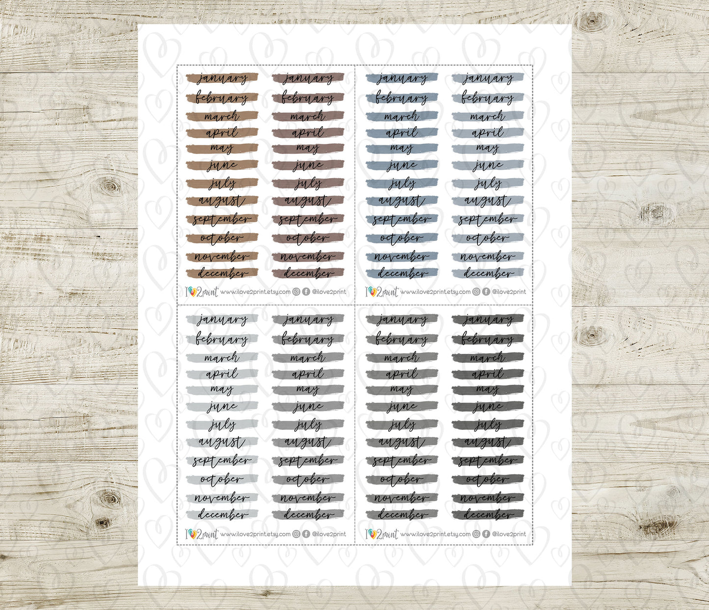 Month Headers Brush Stroke Pastel Color Stickers - Printable Month Banner - PDF & Cut Files