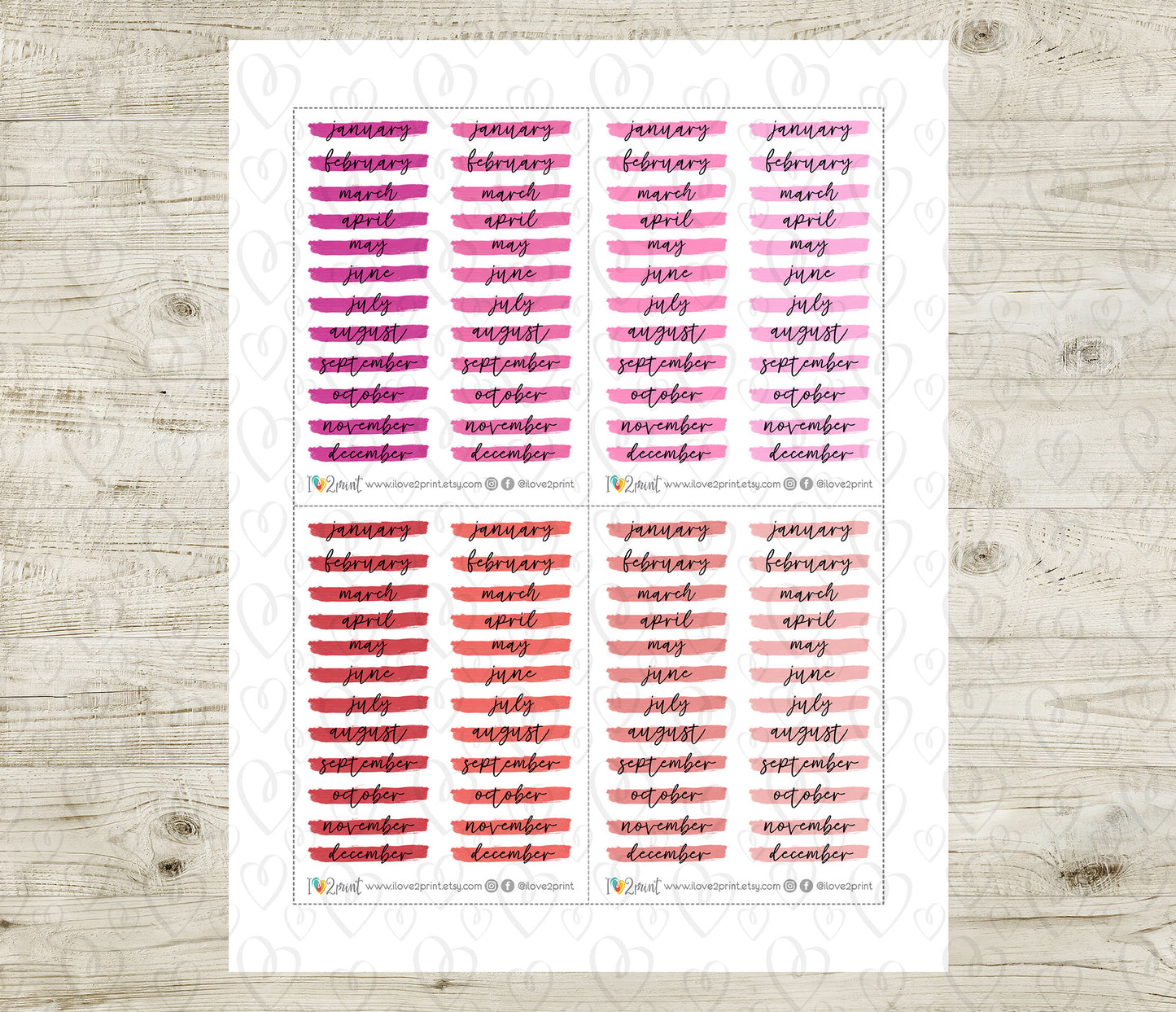 Month Headers Brush Stroke Bright Color Stickers - Printable Month Banner - PDF & Cut Files