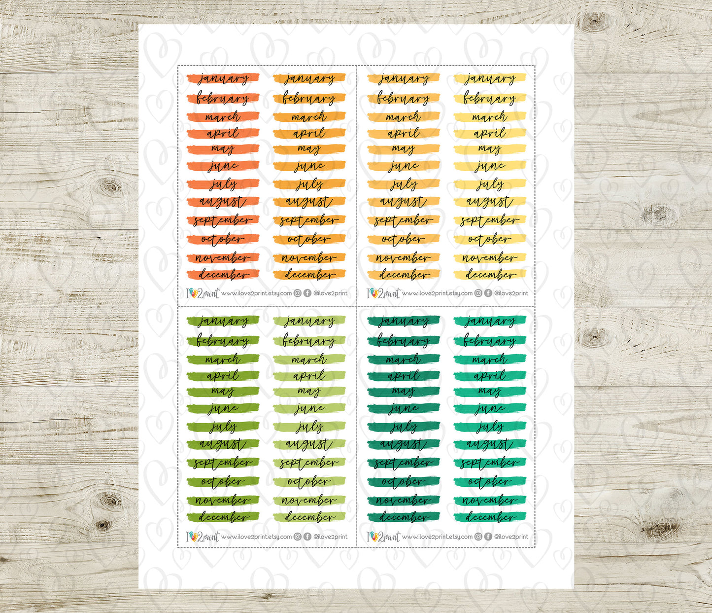 Month Headers Brush Stroke Bright Color Stickers - Printable Month Banner - PDF & Cut Files