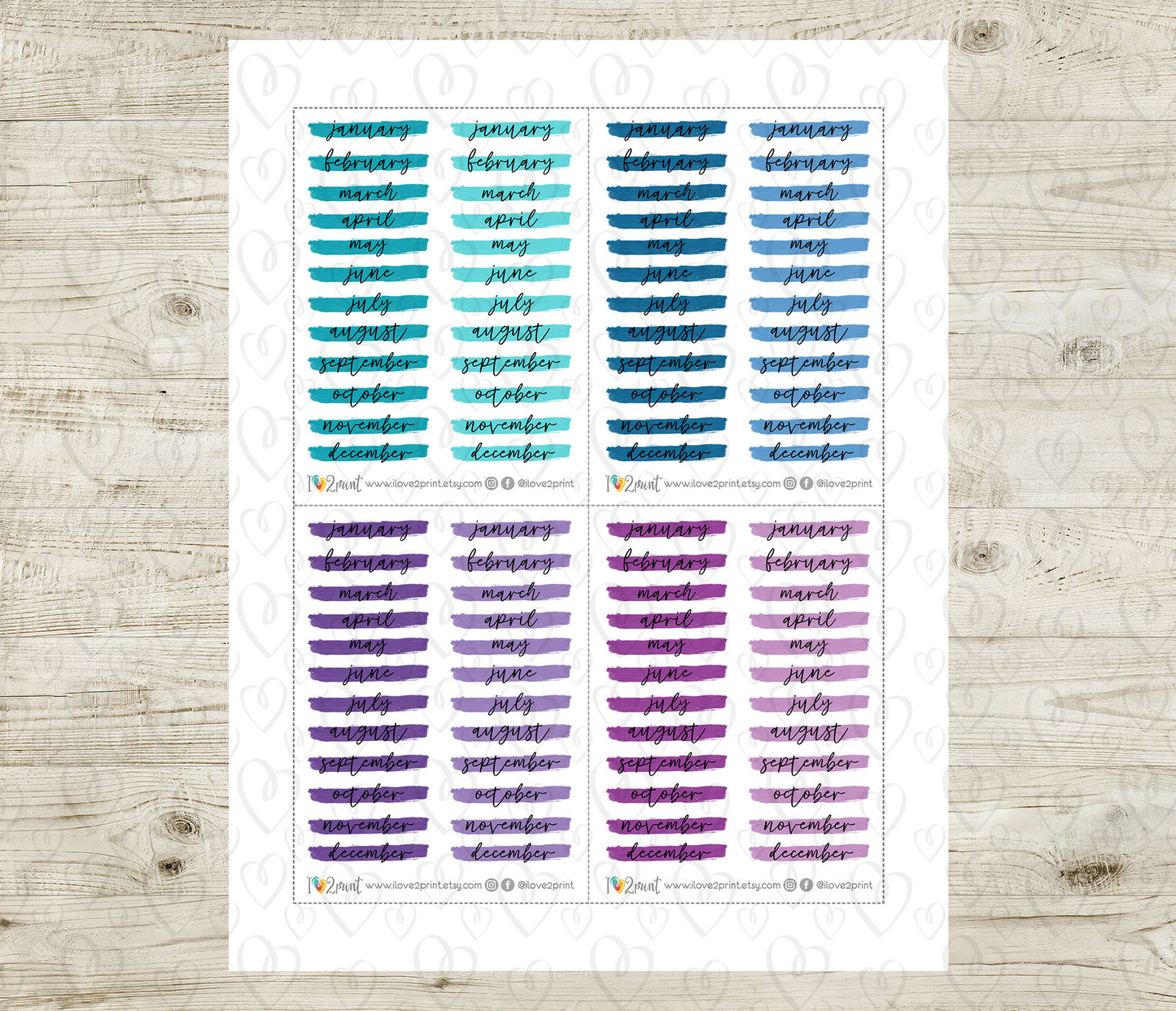 Month Headers Brush Stroke Bright Color Stickers - Printable Month Banner - PDF & Cut Files
