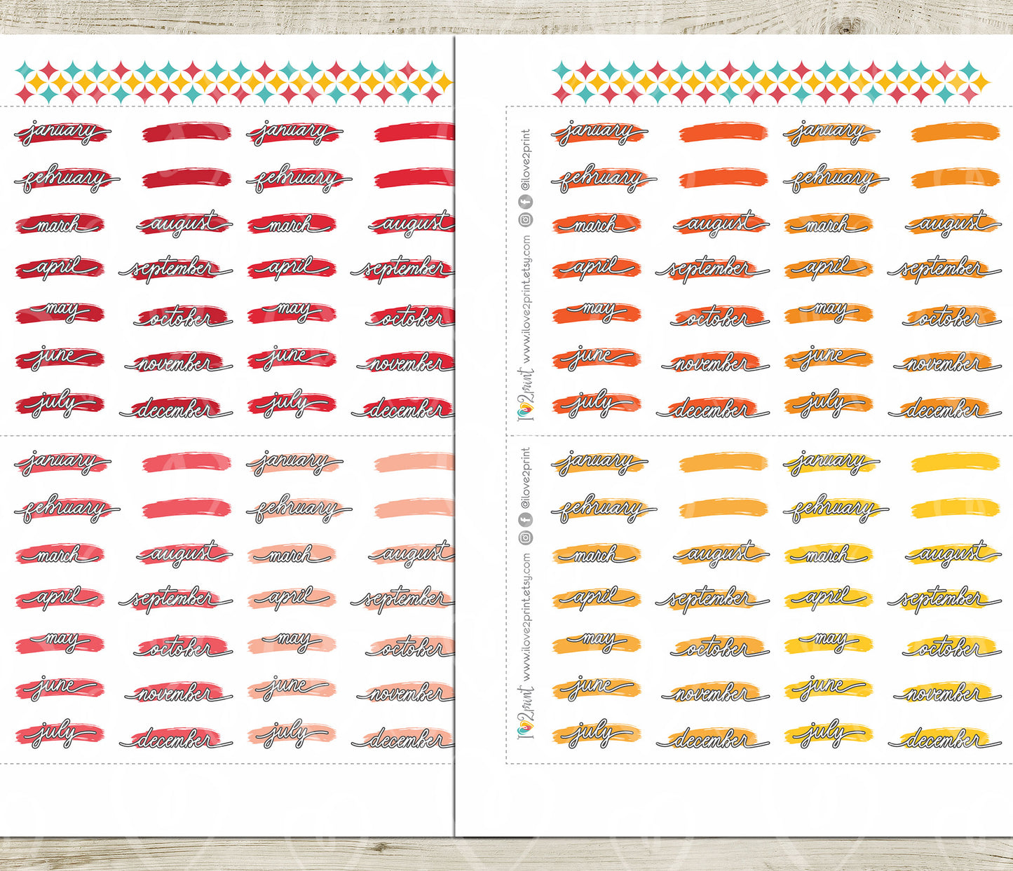 Printable Month Stickers – BRIGHT Color Stroke Style - PDF & Cut Files