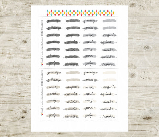 Printable Pastel Month Stickers – Stroke Style, PDF & Cut Files