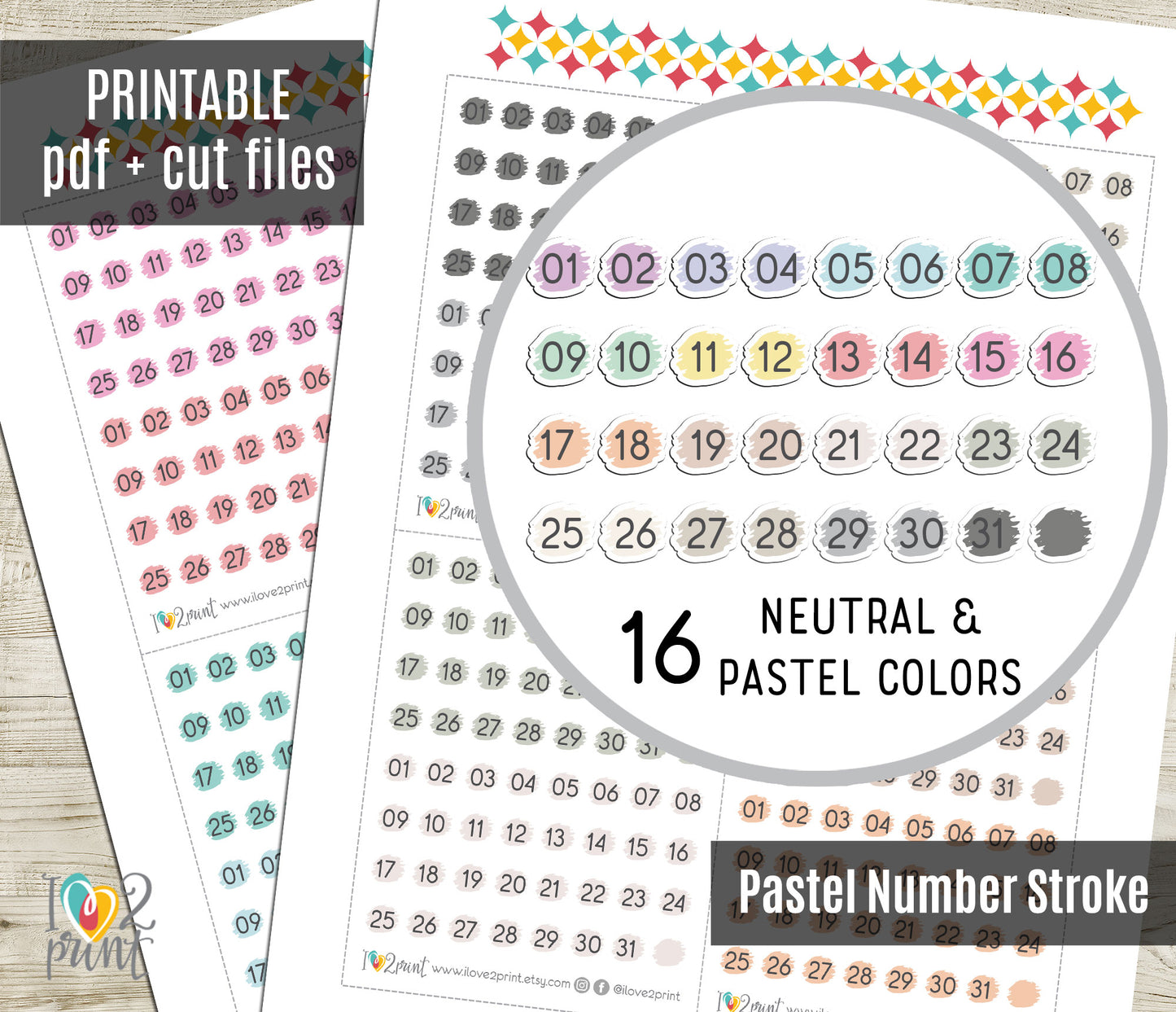 Day Dot Planner Stickers – Printable Stroke PASTEL Color Dots - PDF & Cut Files