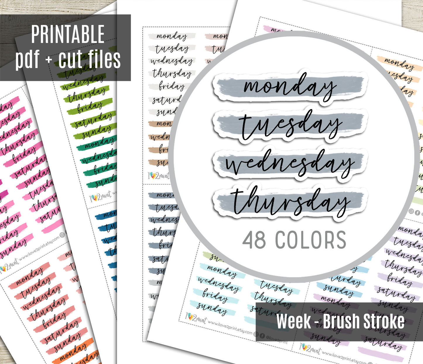 Week Headers Brush Stroke Color Stickers - Printable Week Labels - PDF & Cut Files