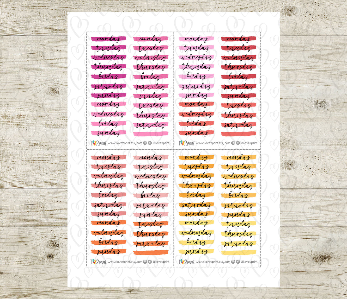 Week Headers Brush Stroke Color Stickers - Printable Week Labels - PDF & Cut Files