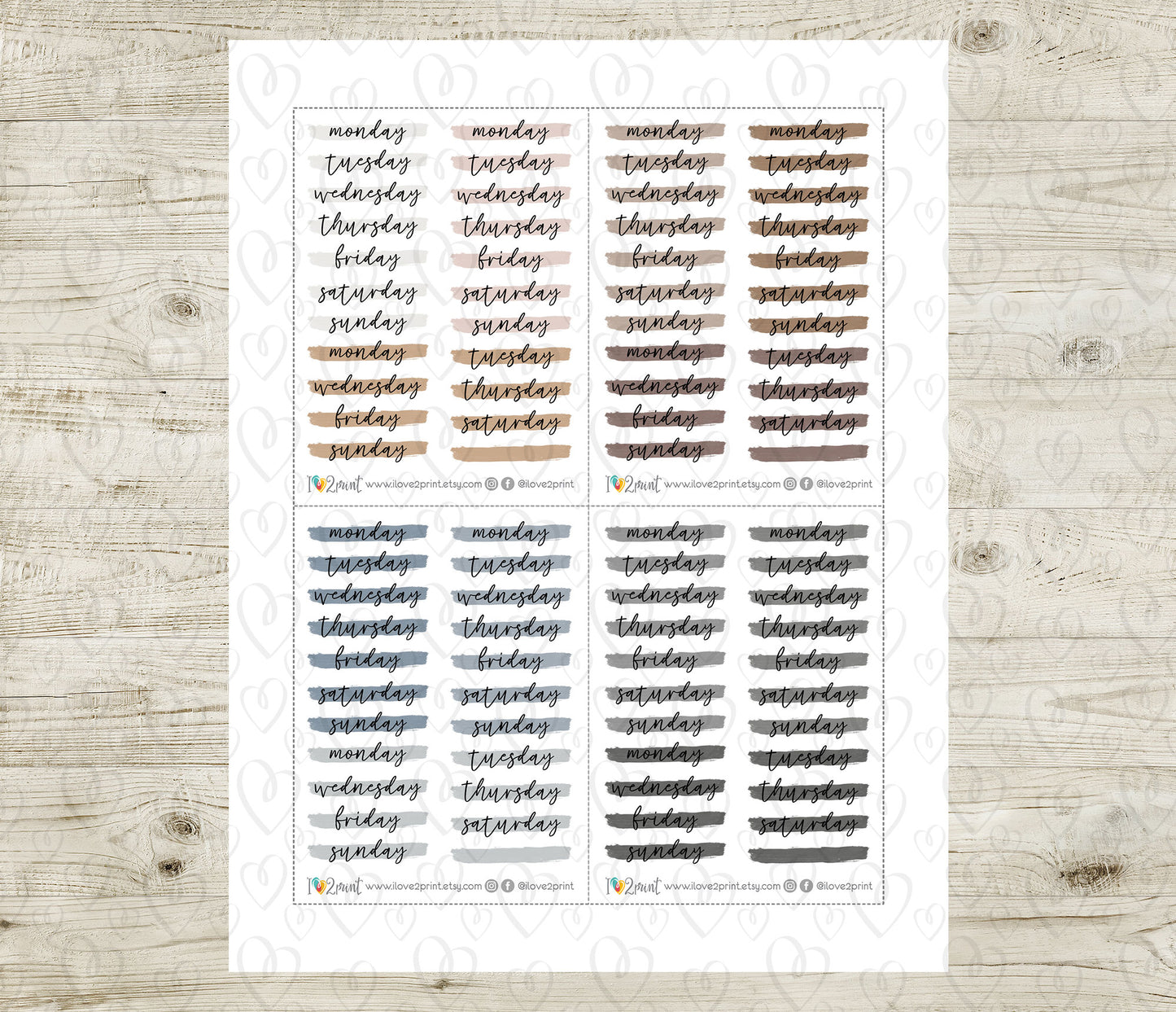 Week Headers Brush Stroke Color Stickers - Printable Week Labels - PDF & Cut Files