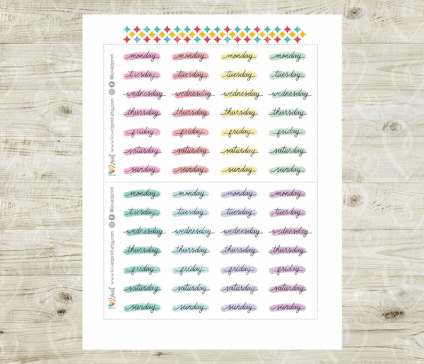 Printable Week Days Stickers – Stroke Pastel Color Planner Labels, PDF & Cut Files