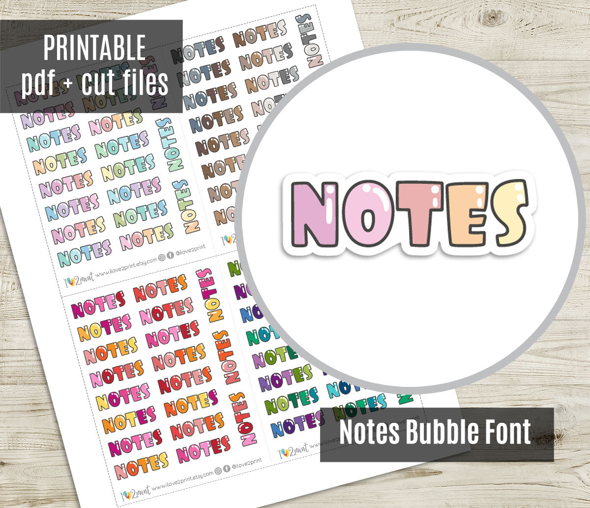 Notes Bubble Font Printable Planner Stickers - PDF & Cut Files