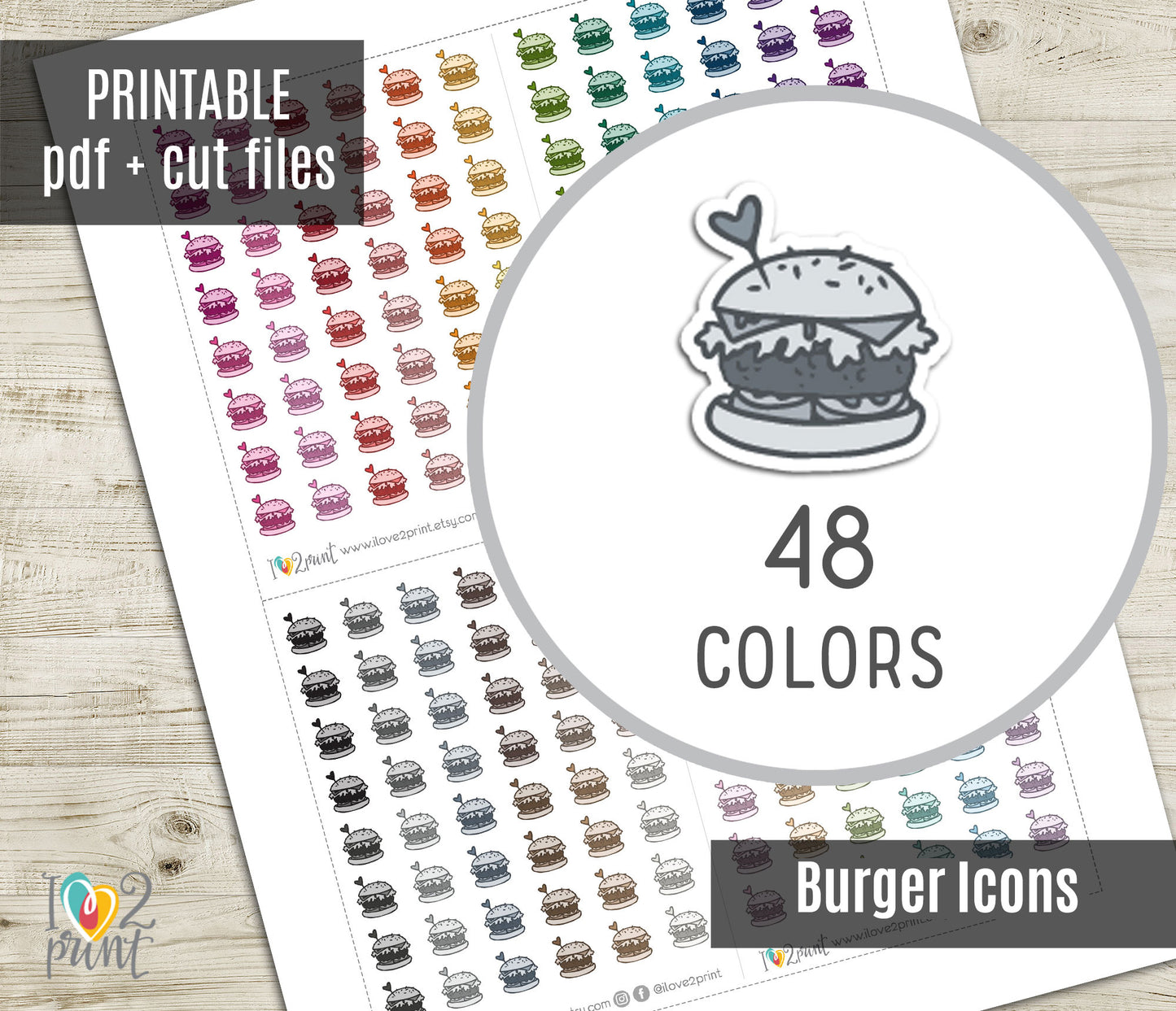 Burger Icon Stickers - Functional Printable Stickers - PDF & Cut Files