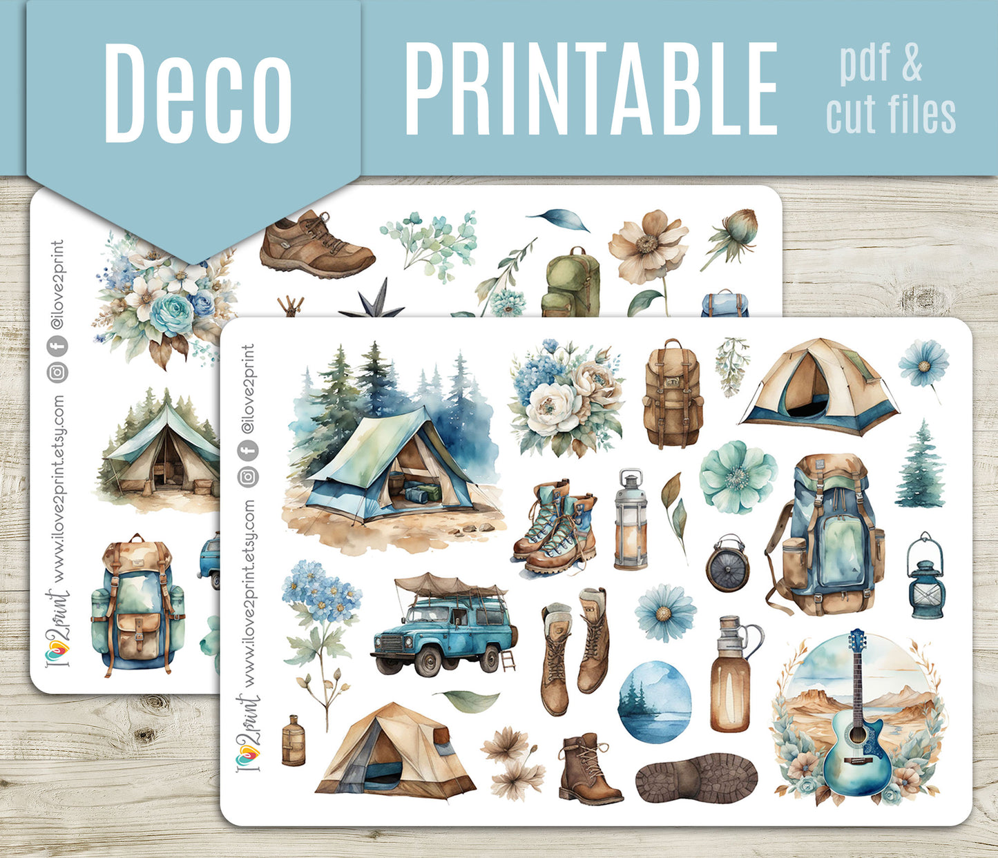 Camping Decorative Stickers - Printable PDF & Cut Files