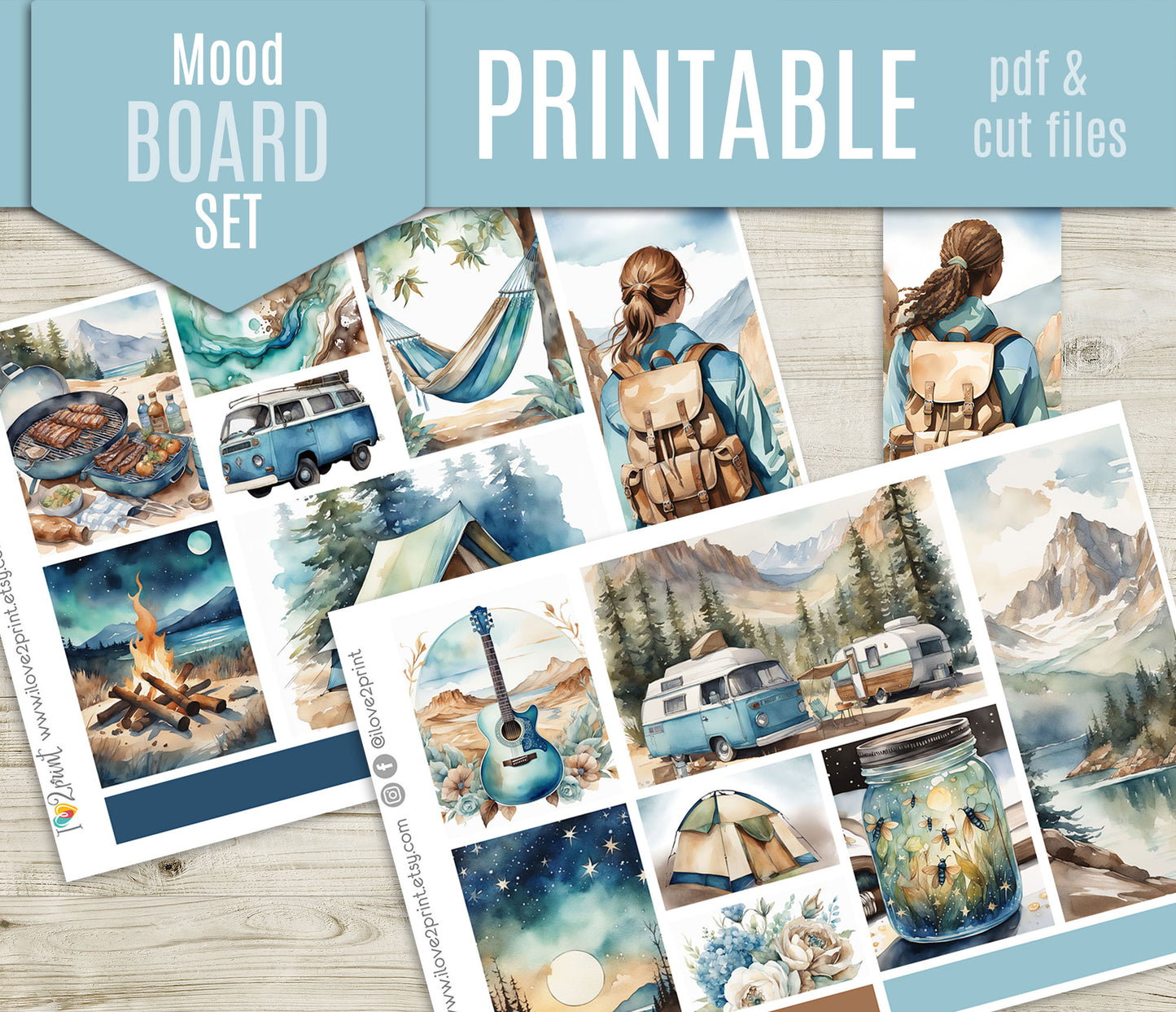 Camping Moodboard Stickers - 1,5"boxes Printable PDF & Cut Files