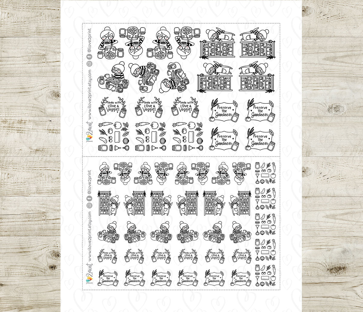 Elena Canning Veggies Doodle Printable Stickers | Outline Preserving | 2 Sizes | PDF Cut Files