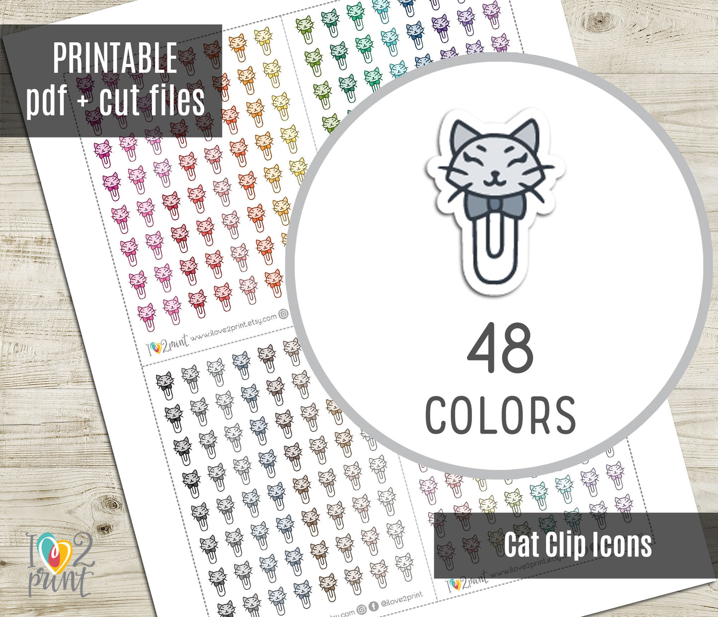 Cat Clip Icon Stickers - Functional Printable Stickers - PDF & Cut Files