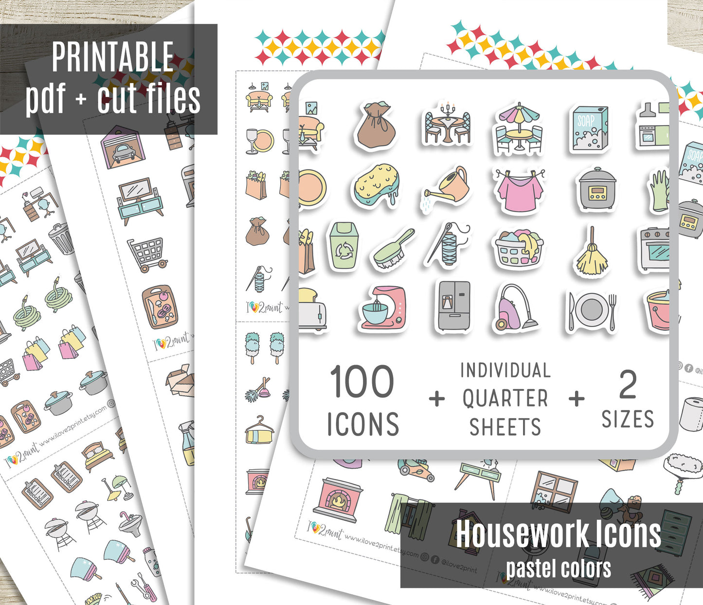 100 Home Chore Pastel Stickers – Printable Planner Icons – PDF + Cut Files – Instant Download