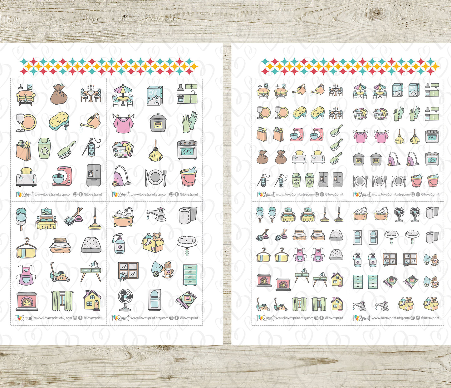 100 Home Chore Pastel Stickers – Printable Planner Icons – PDF + Cut Files – Instant Download