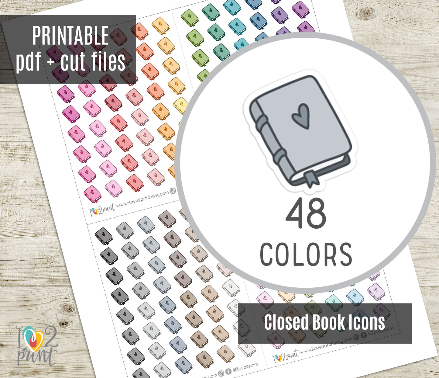 Closed Book Icons Stickers - Functional Printable Stickers - PDF & Cut Files