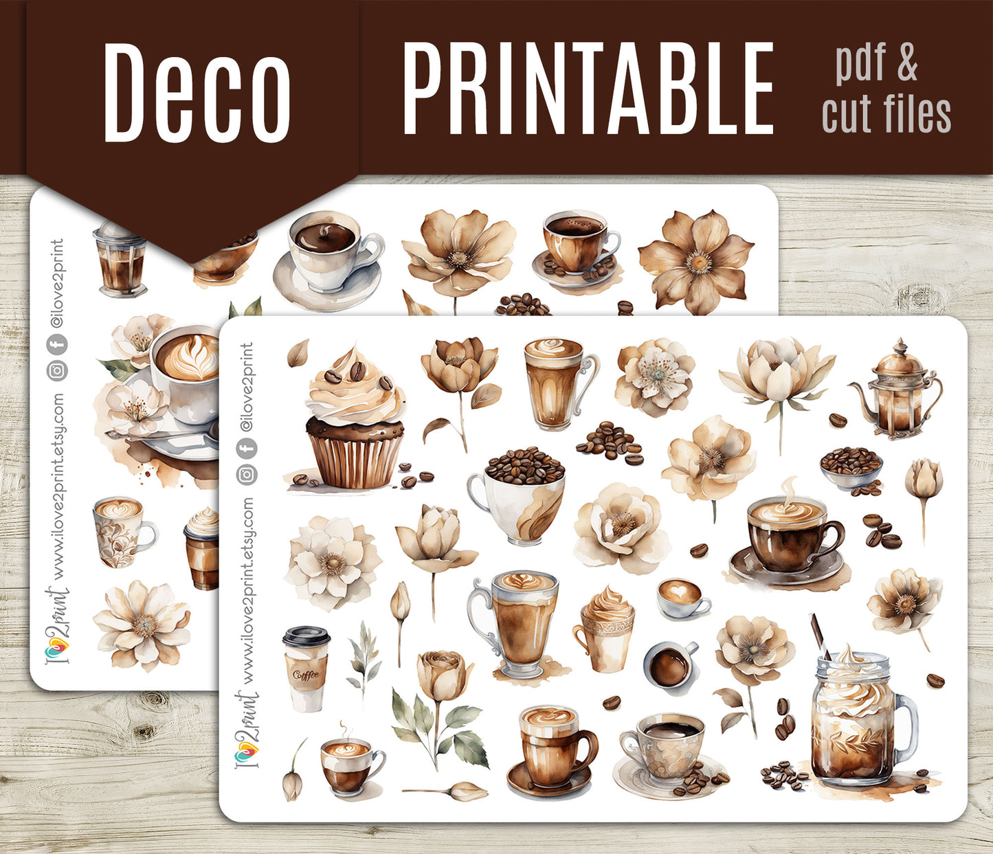 Coffee Time Decorative Stickers - Printable PDF & Cut Files