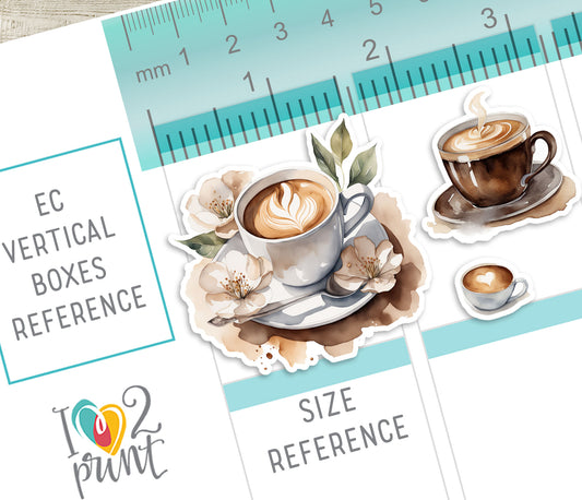 Size reference card with coffee cup illustrations and measurement scale