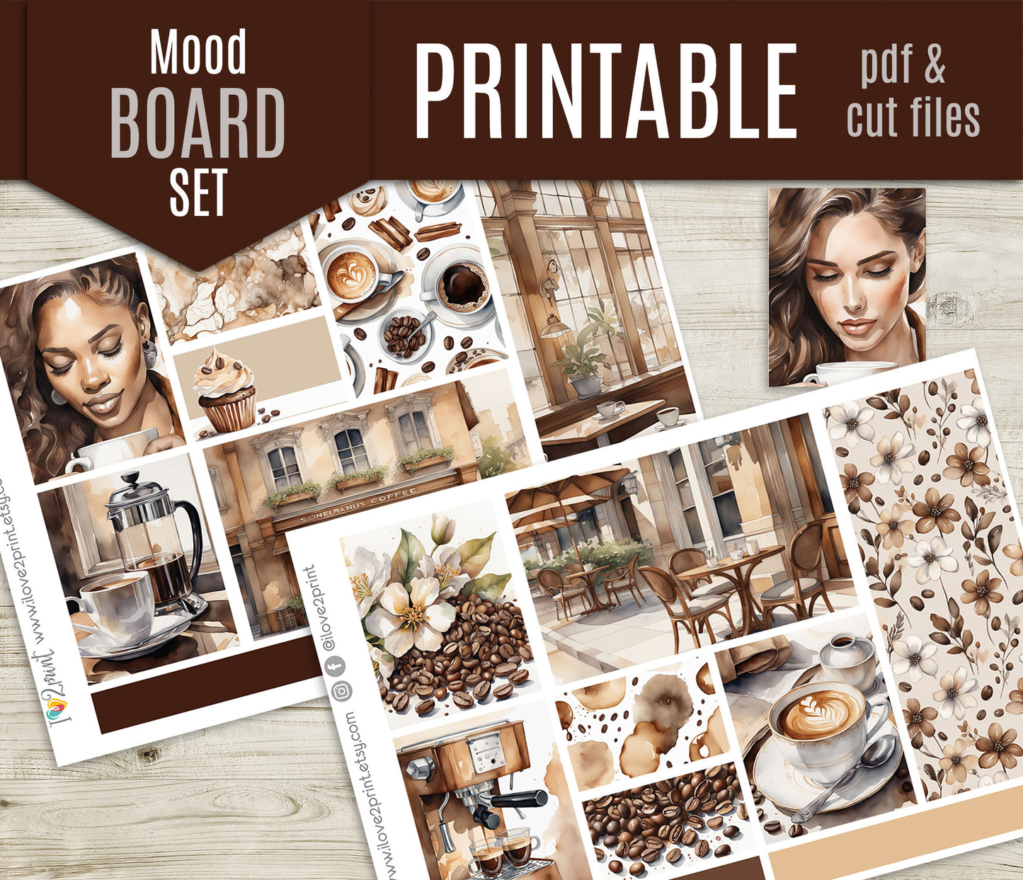 Coffe Time Moodboard Stickers - 1,5"boxes Printable PDF & Cut Files