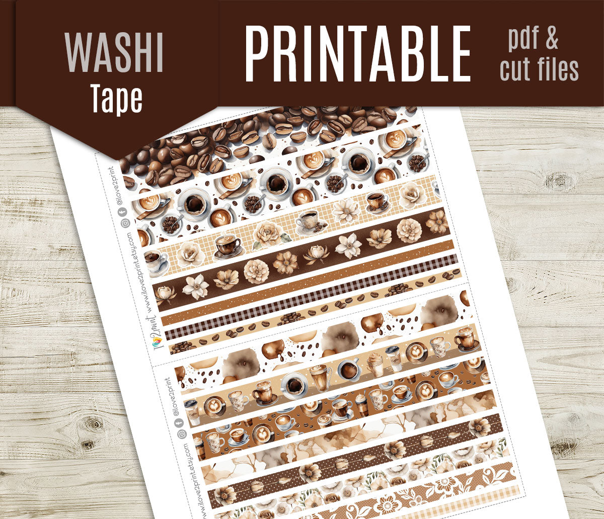 Sheet of washi tape designs on a wooden surface with 'Washi Tape Printable' text at the top.