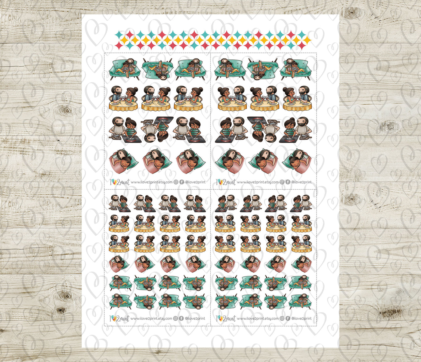 Couple Activities Printable Stickers Set 1 - Elena (Dark Skin) & Oliver (Light Skin)