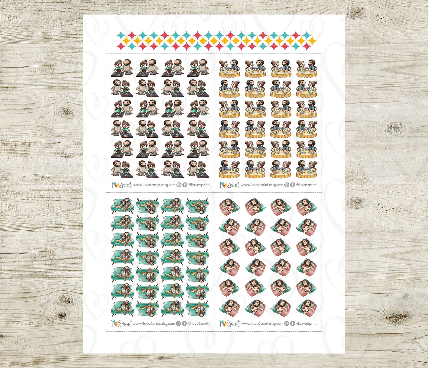 Couple Activities (Light Skin Duo) Printable Stickers Set 1 - Elena & Oliver