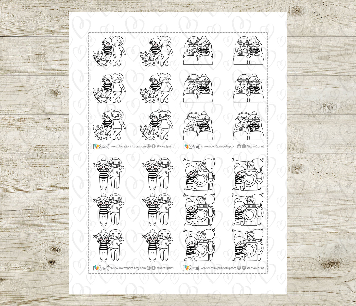 Couple Activities DOODLE Printable Stickers Set 3 - Elena & Oliver