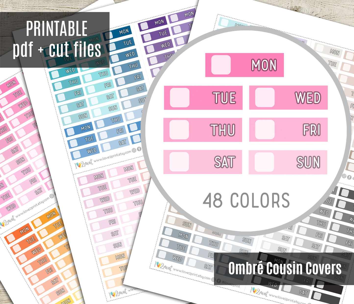 Hobonichi Cousin Ombré Date Cover Stickers - Printable Day Labels - PDF & Cut Files
