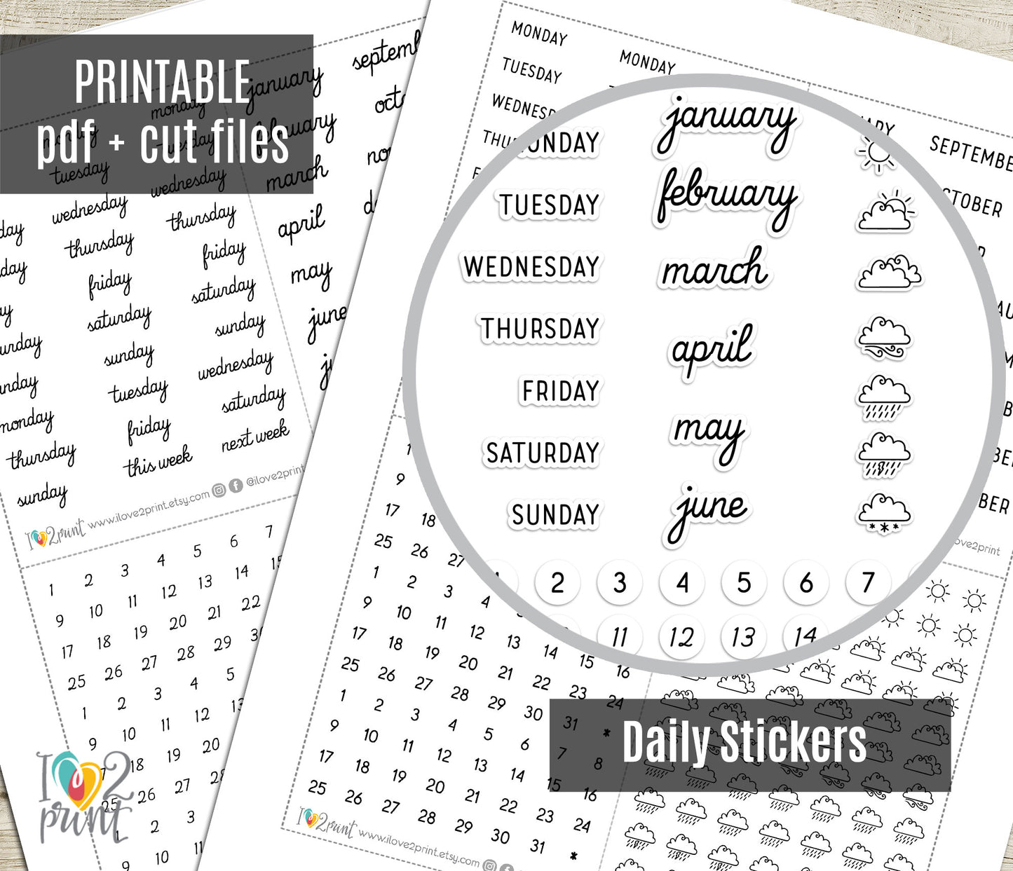 Daily Essentials Printable Planner Stickers – Days, Months & Weather Icons (PDF & Cut Files) - PDF & Cut Files