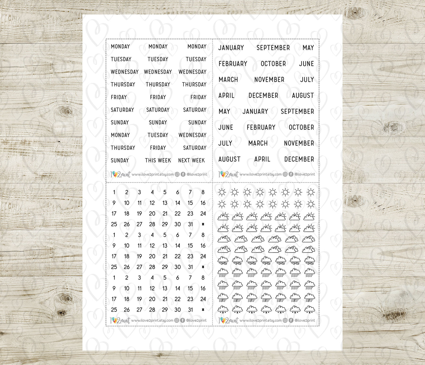 Daily Essentials Printable Planner Stickers – Days, Months & Weather Icons (PDF & Cut Files) - PDF & Cut Files