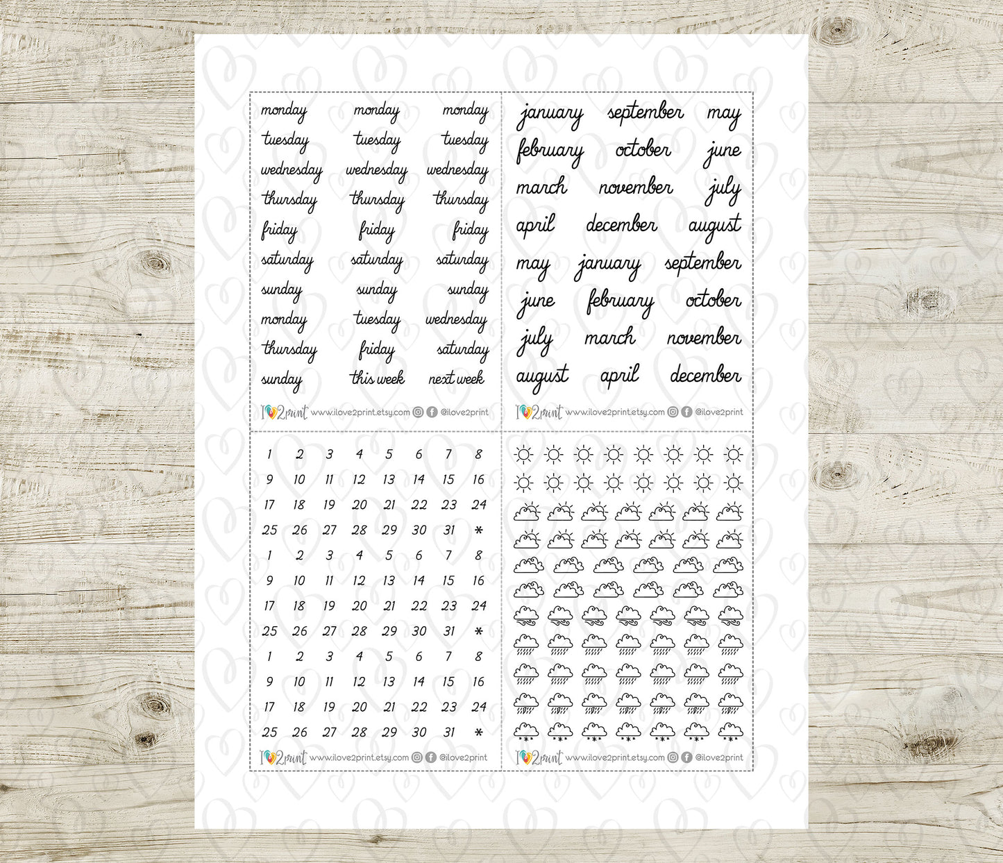 Daily Essentials Printable Planner Stickers – Days, Months & Weather Icons (PDF & Cut Files) - PDF & Cut Files