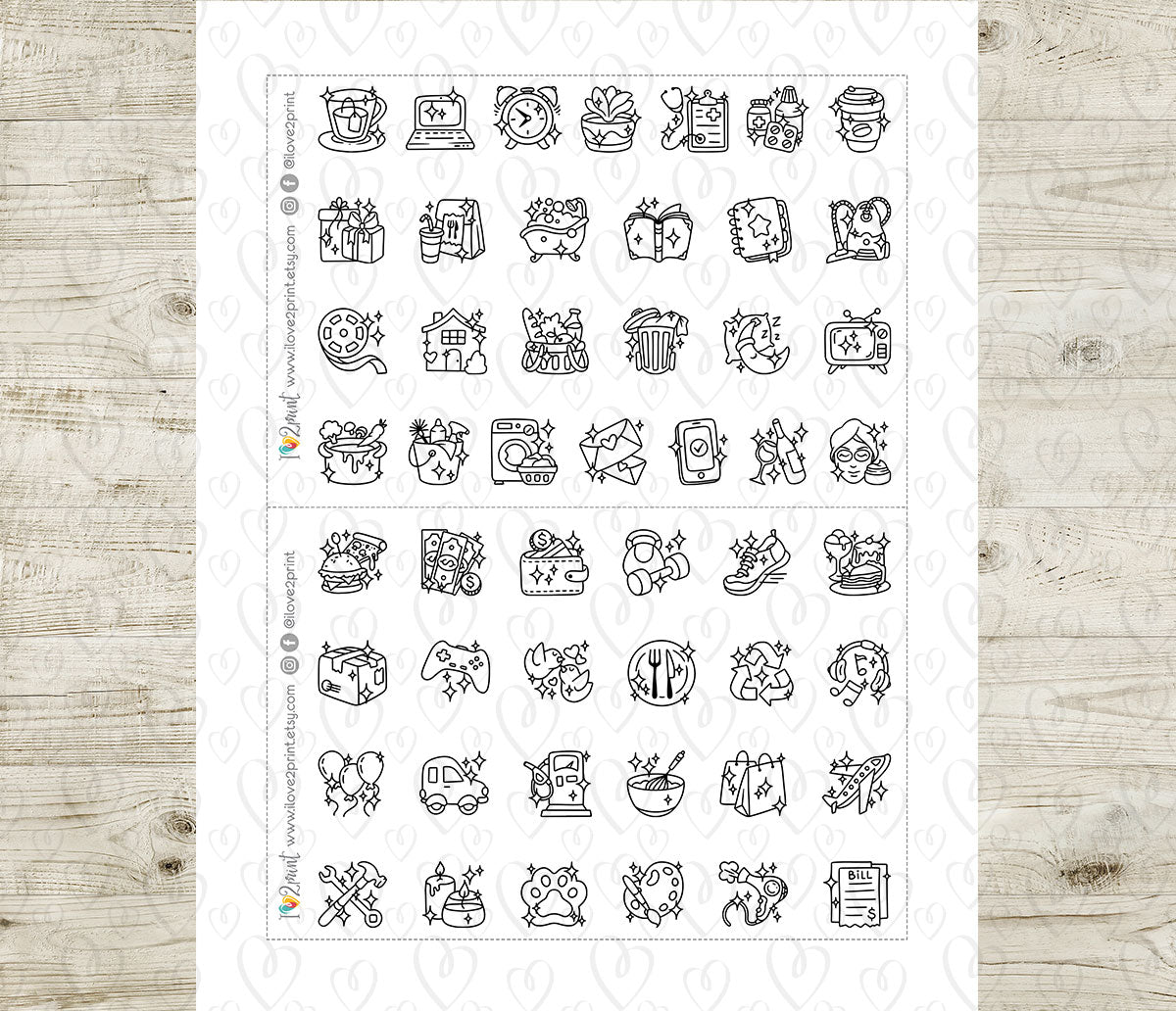 50 Shine Daily Life Printable Icons Stickers – DOODLE Planner Icons - PDF & Cut Files