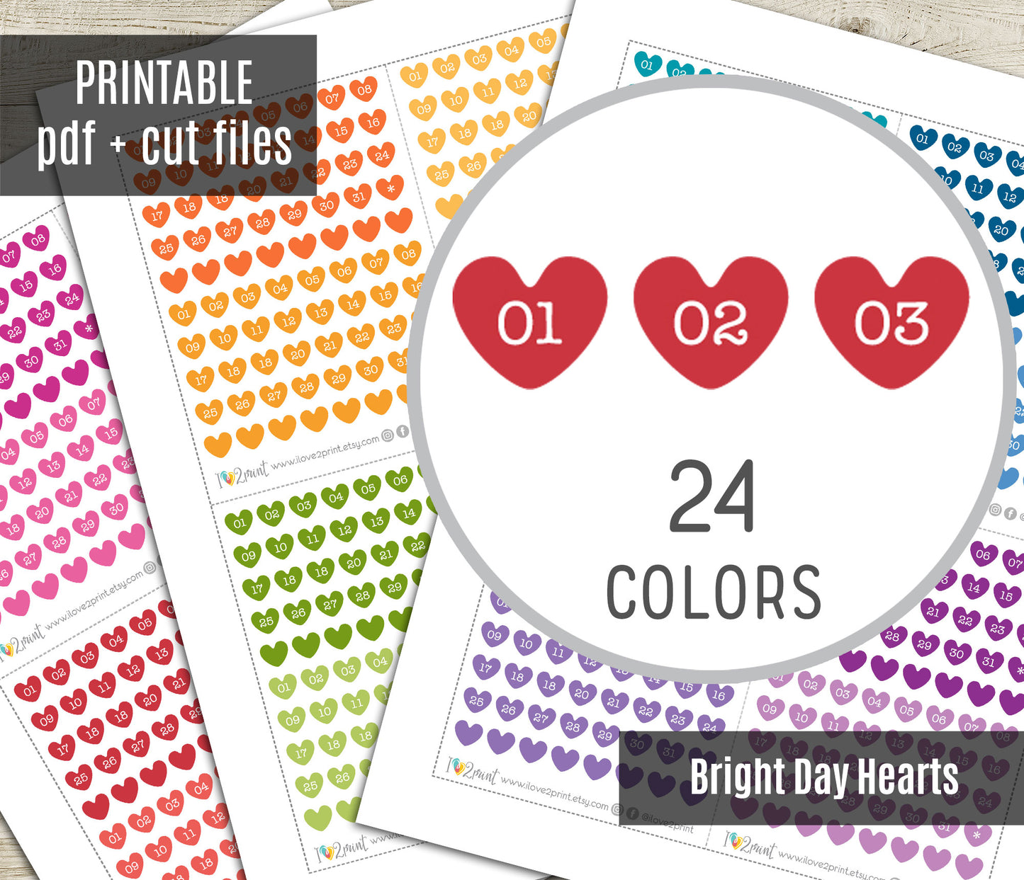 Day Hearts Bold Colors – Printable Planner Stickers for Calendars & Journals – PDF + Cut Files – Instant Download