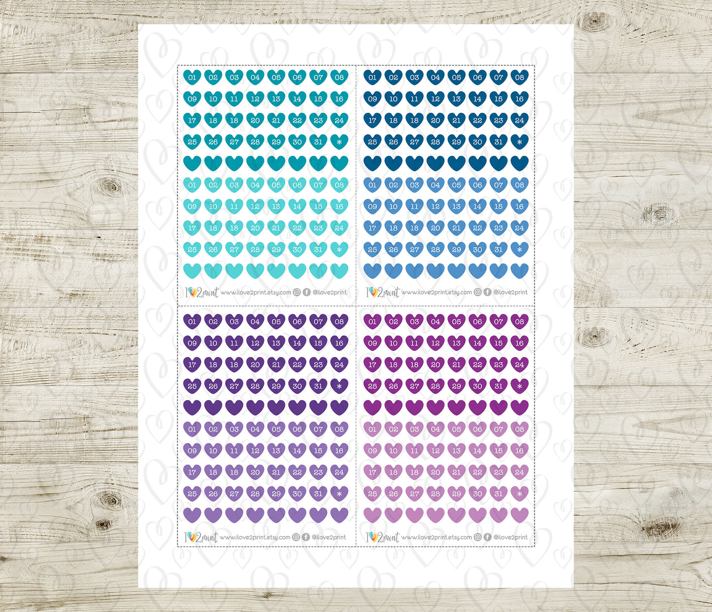 Day Hearts Bold Colors – Printable Planner Stickers for Calendars & Journals – PDF + Cut Files – Instant Download