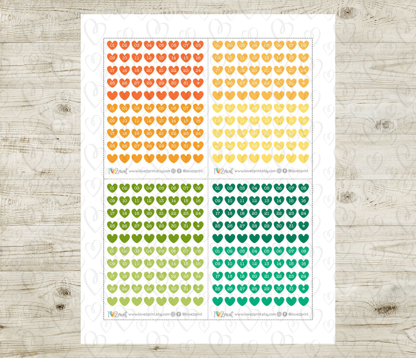 Day Hearts Bold Colors – Printable Planner Stickers for Calendars & Journals – PDF + Cut Files – Instant Download