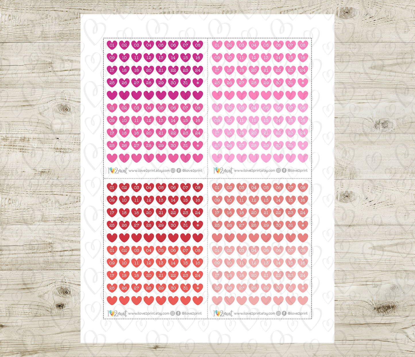 Day Hearts Bold Colors – Printable Planner Stickers for Calendars & Journals – PDF + Cut Files – Instant Download