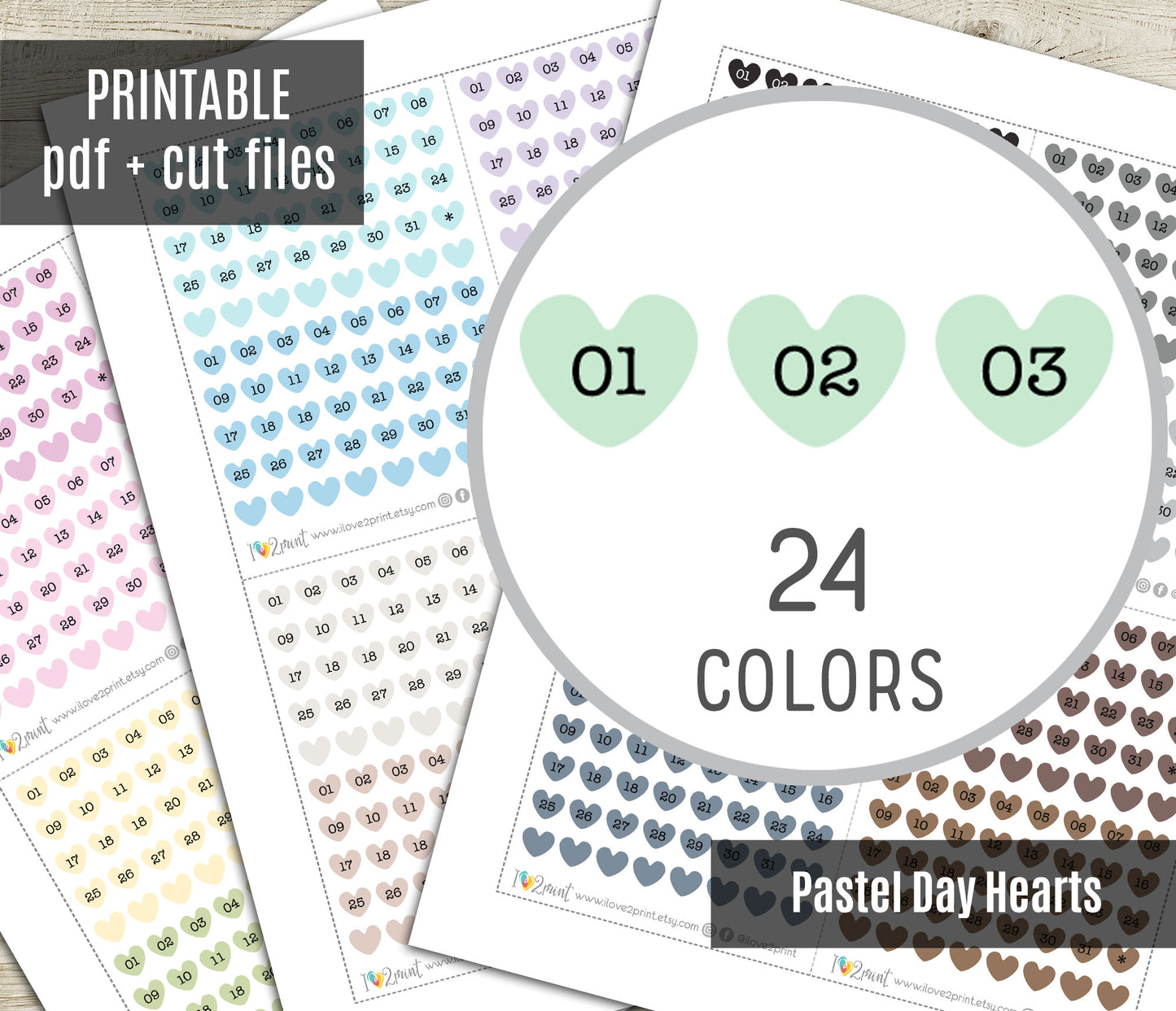 Day Hearts Pastel Colors – Printable Planner Stickers for Calendars & Journals – PDF + Cut Files – Instant Download